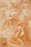 Godfather Surrounded by Angels Appearing to a Pilgrim by Bolognese School 17 & 18th century, Red chalk on paper, mounted on card, offered May 2020
