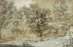 Isaac de Moucheron, Wooded Landscape with Diana and Endymion, Grey ink and wash, highlighted in white on tinted paper