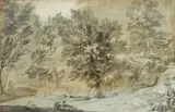 Isaac de Moucheron, Wooded Landscape with Diana and Endymion, Grey ink and wash, highlighted in white on tinted paper