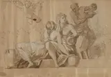 Bacchus and a Nymph embracing with Pan and Cupid by Probably french school 18th century, Grey ink, brown wash, and white chalk on textured paper, offered May 2020
