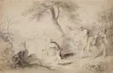 Diana driving the Wolf away from Romulus and Remus by in the manner of Jacopo Amigoni, Black and brown chalk and grey wash on textured paper (watermarked), offered May 2020