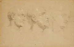 attributed to Pompeo Batoni, Three Studies of Heads, Black and white chalk on tinted paper
