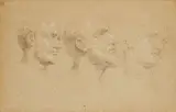 attributed to Pompeo Batoni, Three Studies of Heads, Black and white chalk on tinted paper