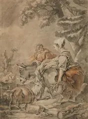 Nicolas Huet The Elder, Shepherdess with Goats and a Donkey, Black, red, and white chalk on paper