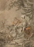 Nicolas Huet The Elder, Shepherdess with Goats and a Donkey, Black, red, and white chalk on paper