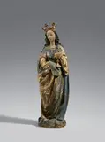 Franconia early 16th century, An early 16th century Franconian carved wood figure of Saint Barbara, Carved three-quarters in the round, the reverse flattened and hollowed out. With extensive remains of former polychromy, presumably dating from the early 20th century.. A depiction of the crowned Saint Barbara standing in contrapposto designed for a frontal viewpoint. She holds her attribute, the chalice, in her right hand. The quality of this work is especially evident in the partially free-standing elements of the saint's hair and the rendering of the cloak worn drawn across her body and slung over her right hand, where it falls in deeply carved vertical folds. This Franconian sculpture displays strong stylistic parallels to works from the circle of Veit Stoss. A wedge-shaped replacement to the front of the plinth, the left hand probably replaced. Wear and losses to the crown