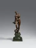 Italy 17th century, A 17th century Italian bronze figure of Zeus, Cast in the round with old patina.. A nude figure of the ancient Roman god designed to be viewed in the round. He is depicted standing in dynamic contrapposto with his raised right foot resting upon an eagle and holding a bundle of lightning in his right hand. A minor breakage to the right shoulder with an old restoration. Mounted on a newer moulded marble plinth