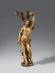 Michael Zürn the Elder, Saint Sebastian, Wooden figure carved in the round and partially freestanding. Remains of older polychromy. This expressive and finely carved figure depicts the martyrdom of Saint Sebastian. The Saint is shown tied to the bare stump of a tree, dressed only in a perizonium and pierced with arrows. The figure displays strong parallels to two other figures of Saint Sebastian by Michael Zürn the Elder in the Badisches Landesmuseum in Karlsruhe and in the Bayerisches Nationalmuseum in Munich (Zoege von Manteuffel 1969, op. cit., no. 10 & 11). Zoege von Manteuffel has confirmed this sculpture to be a work by this artist and dates it to around 1635 / 1640. The facial features and hair are also highly comparable to Michael Zürn's "John the Baptist" in the Museum Bruderkirche in Heiligkreuztal from around 1625 (Zoege von Manteuffel 1998, op. cit., p. 110). The right foot lost, the arrows replaced. Minor vertical cracks. Losses to the back of the plinth. A small hollow with an old metal clamp to the back of the tree