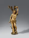 Michael Zürn the Elder, Saint Sebastian, Wooden figure carved in the round and partially freestanding. Remains of older polychromy. This expressive and finely carved figure depicts the martyrdom of Saint Sebastian. The Saint is shown tied to the bare stump of a tree, dressed only in a perizonium and pierced with arrows. The figure displays strong parallels to two other figures of Saint Sebastian by Michael Zürn the Elder in the Badisches Landesmuseum in Karlsruhe and in the Bayerisches Nationalmuseum in Munich (Zoege von Manteuffel 1969, op. cit., no. 10 & 11). Zoege von Manteuffel has confirmed this sculpture to be a work by this artist and dates it to around 1635 / 1640. The facial features and hair are also highly comparable to Michael Zürn's "John the Baptist" in the Museum Bruderkirche in Heiligkreuztal from around 1625 (Zoege von Manteuffel 1998, op. cit., p. 110). The right foot lost, the arrows replaced. Minor vertical cracks. Losses to the back of the plinth. A small hollow with an old metal clamp to the back of the tree