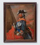 Johann Mathäus Bauhof, A reverse glass portrait of Friedrich II, Portrait in oils of the King in a Prussian Garde du Corps uniform with the Order of the Black Eagle and an ermine trimmed cloak. Not signed. Minor losses to the pigment in the background. H with frame 56.8, W