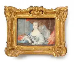 A portrait miniature of Queen Luisa Ulrika of Sweden by Friedrich Meckseper, Gouache on card. Finely painted portrait of the Queen seated in a gilt embroidered throne, dressed in a white silk gown , sold May 2020