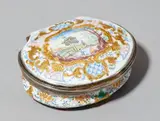Christian Frederich Herold, An émail de Saxe snuff box, Polychrome enamel on copper and gilt tin corpus, possibly mounted in silver. Shell-shaped snuff box, the slightly domed lid decorated with a raised gilt cartouche surrounding figures in a landscape. Similar decor to all faces and the underside. Interior gilt. The lid restored. H 3, W 7, D