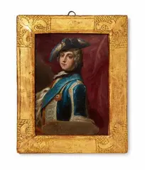 Spanish School, A portrait miniature of Friedrich II, Oil on copper. After a print based on a portrait of the young King by Antoine Pesne (circa 1740). Depicting the King facing left against a red drapery wearing a blue ribbon with the star of the Order of the Black Eagle, an ermine lined cloak, and a tricorn. Inscribed in Spanish on a stone slab "Federico II. de Prusia y Elector de Brandenbourgo"