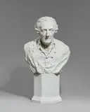 Johann Karl Friedrich Riese, An important biscuit porcelain bust of Friedrich II, Model no. 1374. Life-sized sculpture in three parts: Hollow biscuit porcelain bust and head, supporting plaster torso, and an octagonal biscuit porcelain plinth decorated with a cyma along the lower edge and with a hub to support the other pieces. Signed on the edge of the left shoulder "RIESE.Fecit.1805." Blue sceptre mark, pressnummer 24 (plinth). An old vertical crack on the right, glued breakages on the lower edge. H