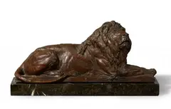 August Kraus, A bronze model of a lion, Bronze with fine brown patina on a white-veined brown marble base. Signed and dated in the centre of the integral plinth 'A. KRAUS 98' and with foundry stamp "MP" (conjoined) of Martin & Piltzing Berlin on the left side