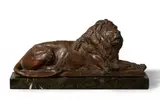 August Kraus, A bronze model of a lion, Bronze with fine brown patina on a white-veined brown marble base. Signed and dated in the centre of the integral plinth 'A. KRAUS 98' and with foundry stamp "MP" (conjoined) of Martin & Piltzing Berlin on the left side