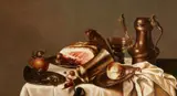attributed to Pieter Claesz, Supper Scene with a Pewter Jug, Ham, and a Silver Beaker, Oil on panel