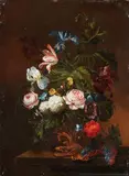 attributed to Caspar Hirscheli, Small Still Life with Roses, Snowball Flowers, Morning Glory, Iris, and Tulips, Oil on copper