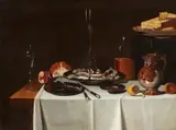 Netherlandish School 17th century, Large Dinner Still Life with a Bellarmine, Venetian Glass, and a Glass Goblet