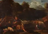 Probably Netherlandish School 18th Century, A Shepherd Reading by Grazing Cattle, Oil on copper