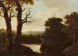 attributed to Anthonie Waterloo, Landscape with Hunters and a Pond, Oil on panel