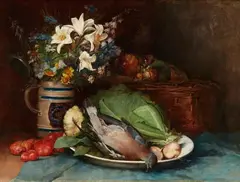 Ludwig Eibl, Still Life with Flowers in a Pitcher, Vegetables, Mushrooms, and a Pigeon, Oil on canvas