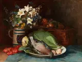 Ludwig Eibl, Still Life with Flowers in a Pitcher, Vegetables, Mushrooms, and a Pigeon, Oil on canvas