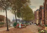 Heinrich Hermanns, Flower Market in Amsterdam, Oil on canvas