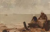 Gustave Nicolas Pinel, Beach Scene with Two Fisherwomen, Oil on panel