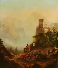 attributed to Caspar Scheuren, Landscape with a Medieval Castle and Guards, Oil on metal panel (backed with wooden panel)