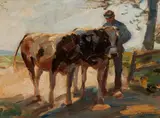 Heinrich von Zügel, Boy with Two Bulls in a Meadow