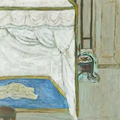 Su Xiaobai, Interior with a canopy bed. Oil on cardboard. Signed Xiaobai., Interior with a canopy bed. Oil on cardboard. Signed Xiaobai