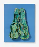 Arman, Untitled, 1991, Acrylic on split violin, violin case and bow. Approx