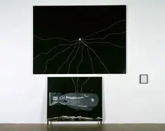 Thomas Zipp, E-Licht, 2006, 3-parts installation: 2 works each acrylic and oil on canvas (one work monted on wooden sticks), 1 work felt-tip pen and typescript on perforated paper