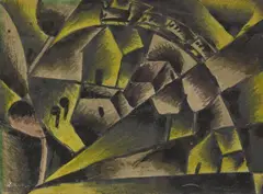 Sándor Bortnyik, Landschaft mit Eisenbahn, 1917, Gouache and black chalk on laid paper