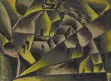 Sándor Bortnyik, Landschaft mit Eisenbahn, 1917, Gouache and black chalk on laid paper