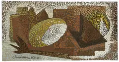 Serge Charchoune, Nature morte pointilliste, 1943, Oil on black tinted thin wooden panel 13.7/