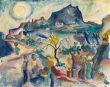 Josef Eberz, Landschaft mit Berg, Brücke und Frauen, 1923/1924, Watercolour on fine Japan 33.7/34 x 42.5/