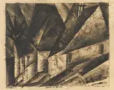 Lyonel Feininger, Ouville-la-Rivière, 1915, Charcoal drawing, finely outlined in India ink, on laid paper 23.4 x 31.3/