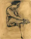 Sitting Female Nude by George Grosz, 1946, Chalk drawing on brown washed paper, offered Nov 2019