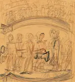 Erich Heckel, Skizze nach dem Gemälde "Zirkus-Scene", Studie, Circa 1946, Pencil, black India ink and presumably fibre or felt-tip pen (faded into reddish brown) on card 22.3/