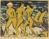 Otto Mueller, Fünf gelbe Akte am Wasser, 1921, Colour lithograph on yellowish hammered paper