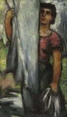 Frans Masereel, Wäsche aufhängende Frau, 1941, Oil on thick artist's card