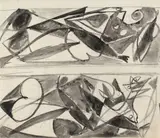 Ernst Wilhelm Nay, Olympia (Zwei Zeichnungen), 1949, Washed India ink over carpenter's pencil, in the upper margin with pencil marking, on chamois-coloured paper Motif