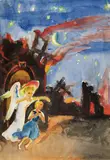 Max Pechstein, Käthchen und Cherub auf der Flucht aus brennendem Schloß. Verso: Schlossgraben, 1925, Double-sided watercolour on paper 55.8/55.1 x 38.7/