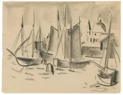 Segelboote by Max Pechstein, 1925, Charcoal drawing on sketchbook paper with perforated upper margin and rounded corners at the bottom, sold Nov 2019