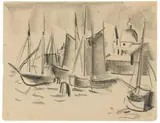 Max Pechstein, Segelboote, 1925, Charcoal drawing on sketchbook paper with perforated upper margin and rounded corners at the bottom