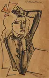 Max Pechstein, Krankes Mädchen, Circa 1918, Watercoloured pen and ink drawing over pencil on brownish wove paper
