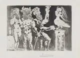Pablo Picasso, Chez la pythie-harpye. Homme au masque de minotaure et femme au masque de sculpteur (Personnages masqués et Femme Oiseau), 1934, Etching on Montval laid paper with watermark "Picasso"
