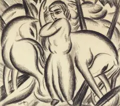 Georg Schrimpf, Junge Frau mit Pferden, Circa 1922/1924, Chalk drawing on paper